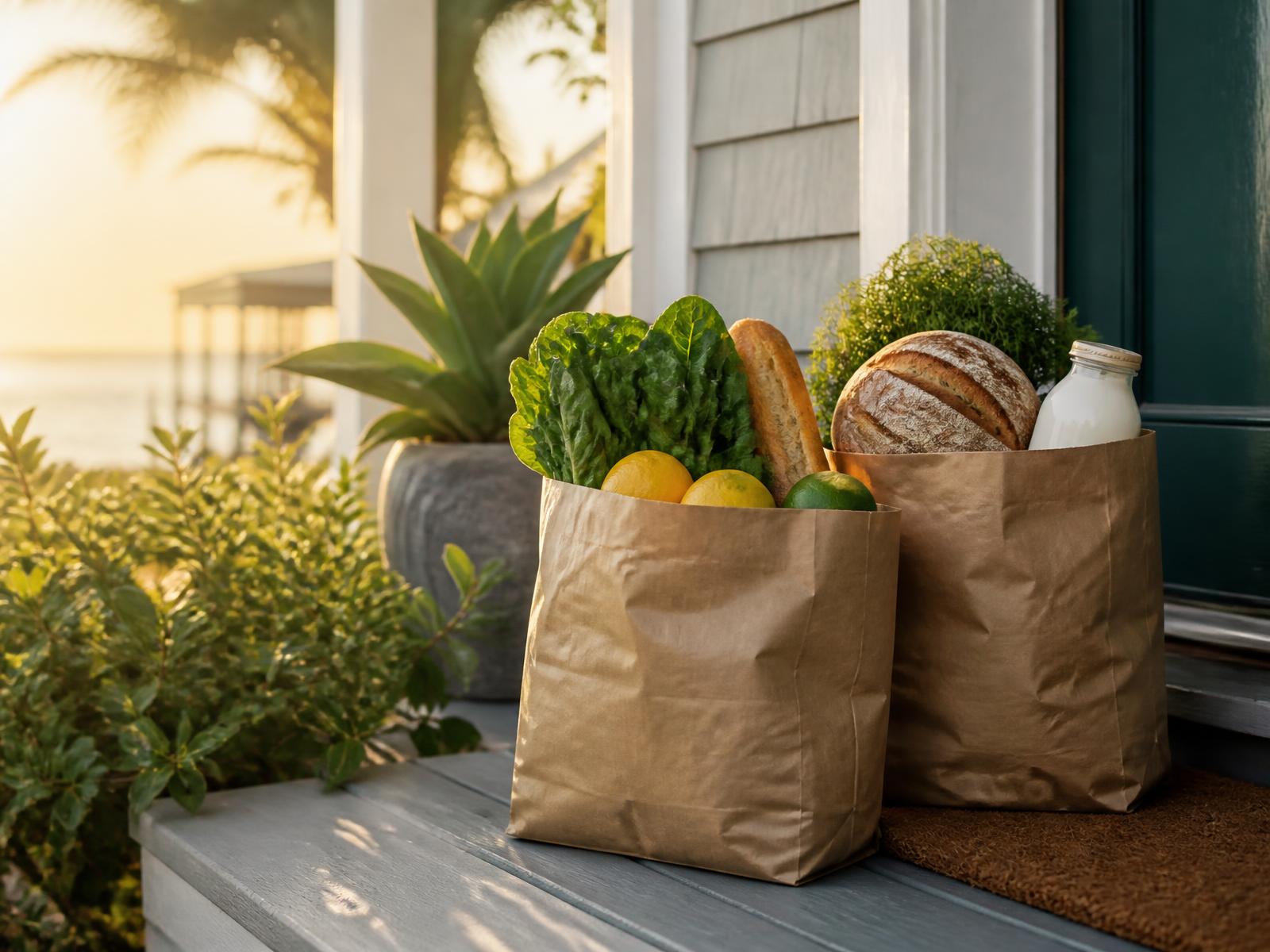 Fresh groceries delivered in paper bags to the doorstep of a coastal vacation home